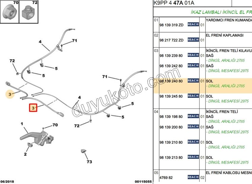 2019> Partner Rifter Berlingo Combo Doblo Proace City Ön El Fren Teli Sol 2785MM