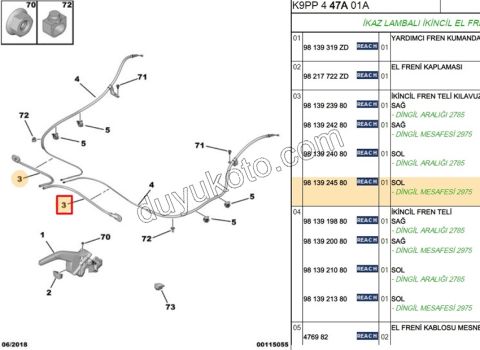 2019> Partner Rifter Berlingo Combo Doblo Proace City Ön El Fren Teli Sol 2975MM