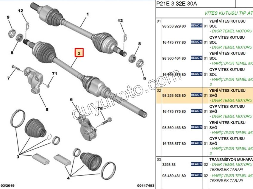Aks Mili Sağ P2082 1.5HDİ Euro6 AT6