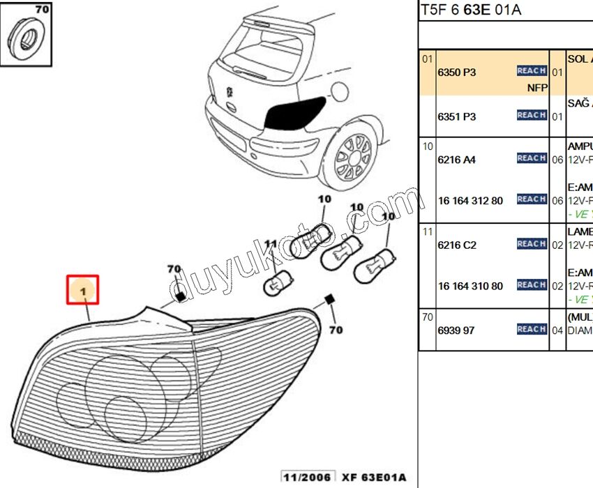 Peugeot 307 Stop Lambası Sol (Duylu) 2001/2005