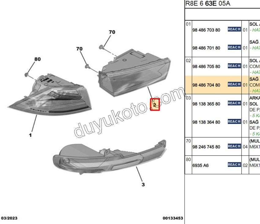 Peugeot 508 Stop Lambası Sağ İç (Bagaj Kapağı) 2023 Sonrası