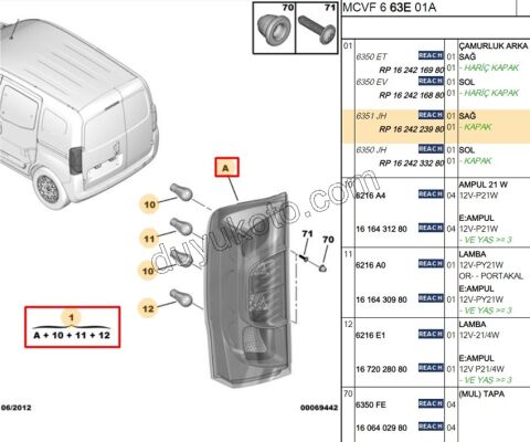 Bipper Nemo Fiorino Stop Lambası Sağ (Bagaj Tek Kapak Yukarı Açılır) 2008/2016