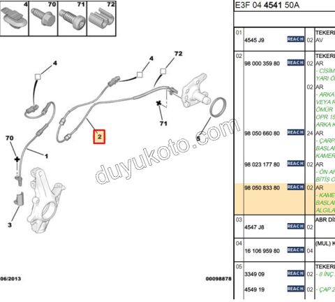 ABS Kablosu Arka P208 P2008 CCT C3AIR C33