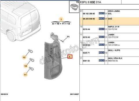 Berlingo Doblo Combo Proace Stop Lambası Sağ (Bagaj Kapak Çift) 2018/2025