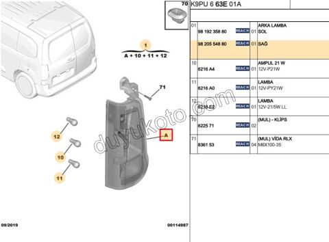 Berlingo Doblo Combo Proace Stop Lambası Sağ (Bagaj Kapak Çift) 2018/2025