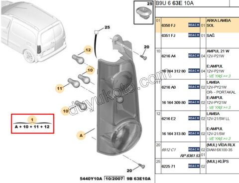 Peugeot Partner Stop Lambası Sol (Bagaj Kapak Çift) 2008/2012