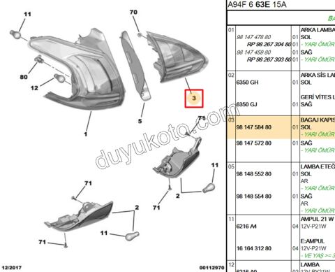 Peugeot 2008 Stop Lambası Sol İç (Bagaj Kapağı) 2016/2019