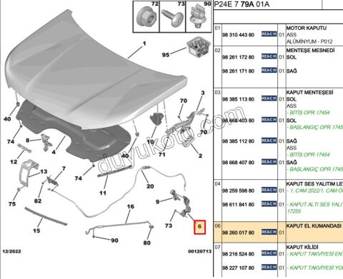 PEUGEOT 208 2008 C4 C4X KAPUT AÇMA KOLU İÇ MEKANİZMASI