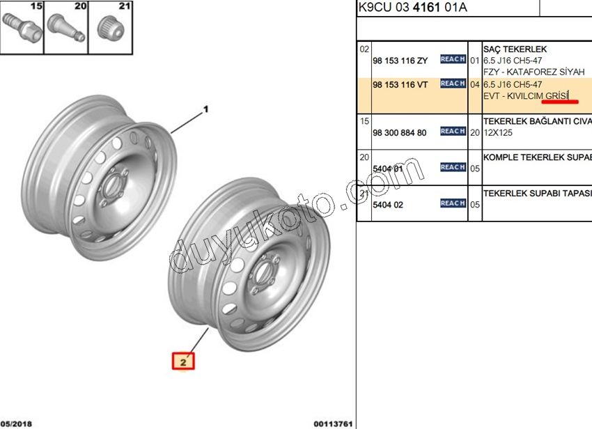 2019> Partner Rifter Berlingo Combo Doblo Proace City Sac Jant 16 INC 6.5 J16 CH5-47 5 Bijon GRI