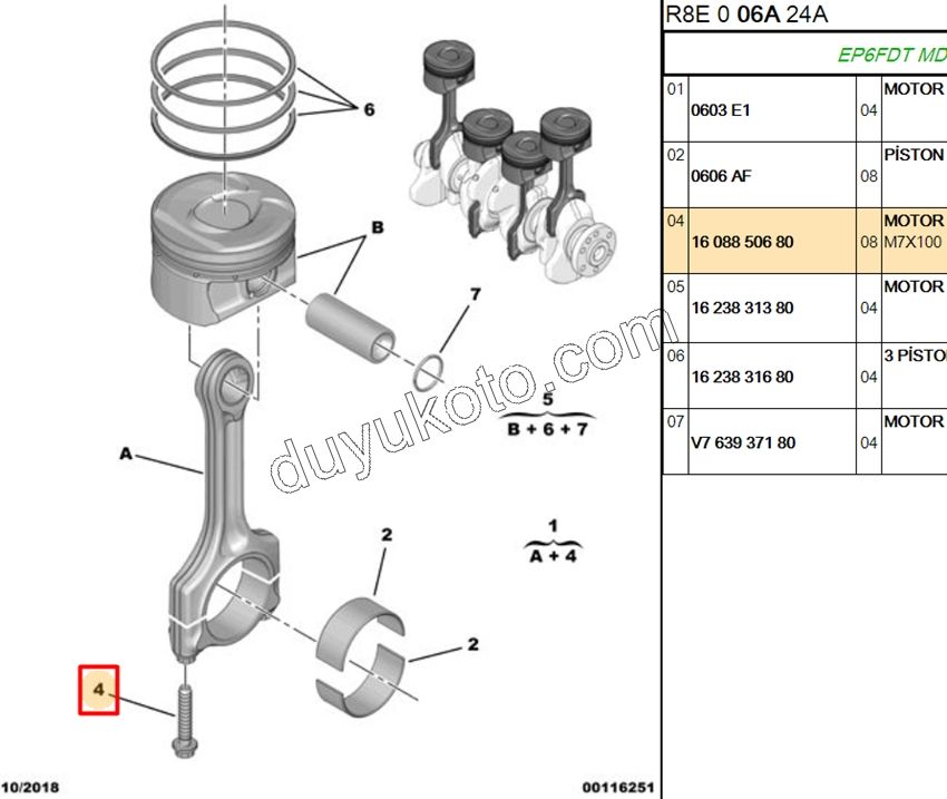 CIVATA PISTON KOL 36.5MM 1.4HDİ/1.6HDİ Euro4 1.6VTi 120HP 1.6THP 156HP 7X100-36,5