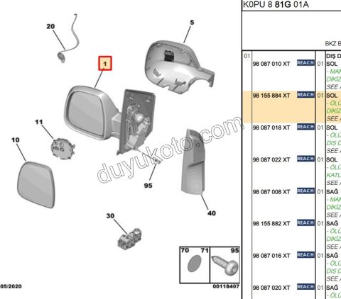 Peugeot Expert Citroen Jumpy Fiat Scudo Dikiz Aynası Sol Elektirikli 2017/2023