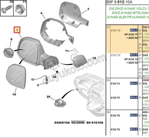 Partner Berlingo  Dikiz Aynası Sol Elektirikli Katlanırlı (Kapaklı) 2008/2012