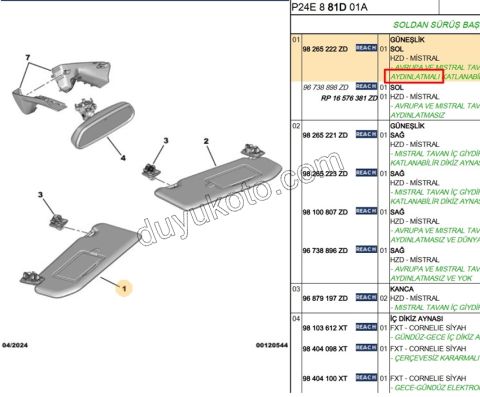 Güneşlik Sol P2082 P20082 AYAK