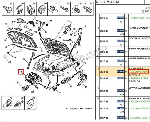 KILIT MOTOR KAPUT PRT1 P106 P306 P406 EXP1
