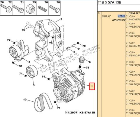 Sarj Dinamosu Alternatör Klimalı P206 TU3A PRT2 1.9D, 1998/2003 PRT1 PRT2