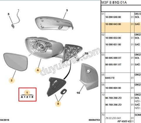 Peugeot 301 Dikiz Aynası Sağ MAN+ Kapaksız 2012/2016