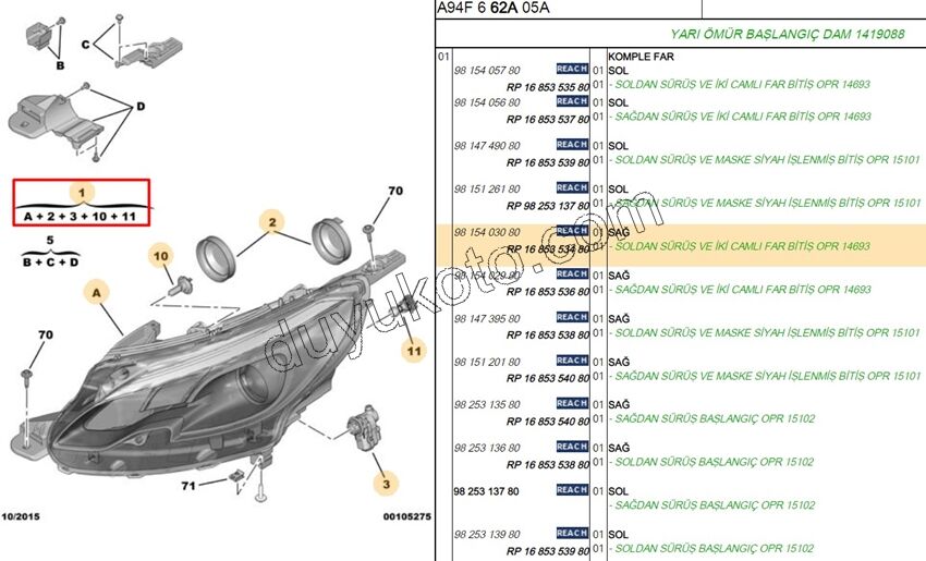 Peugeot 2008 Far Sağ MERCEK+ Motorsuz H7+H7 2016/2019