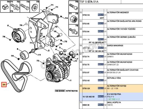 Alternatör V Kayışı 6PK1156 LE P307 DW10