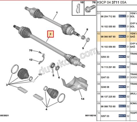 2019> Partner Rifter Berlingo Combo Doblo Proace City Aks Mili Sağ P3082 1.5HDİ Euro6 D 1.6HDİ Euro6 100HP 1.6HDİ Euro6 5/6 VIT MANUEL
