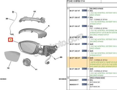 Peugeot 2008 Dikiz Aynası Sağ Elektirikli Katlanırlı CORNELIA Kör Noktalı 2019/2023