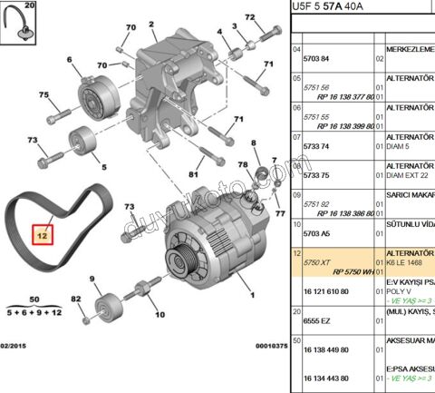 Alternatör V Kayışı 6PK1468 PRT2 Klimasız DW10 8V
