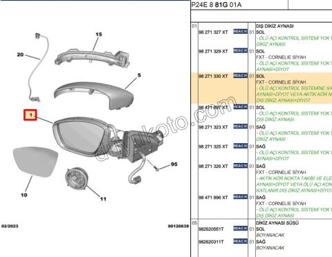 Peugeot 2008 Dikiz Aynası Sol Elektirikli Katlanırlı CORNELIA SIYAH Kör Noktalı 2019/2023