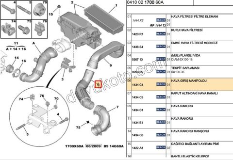 Peugeot 3008 5008 Partner Citroen Berlingo Hava Filtre Hortumu DV64 TIRTIRLI